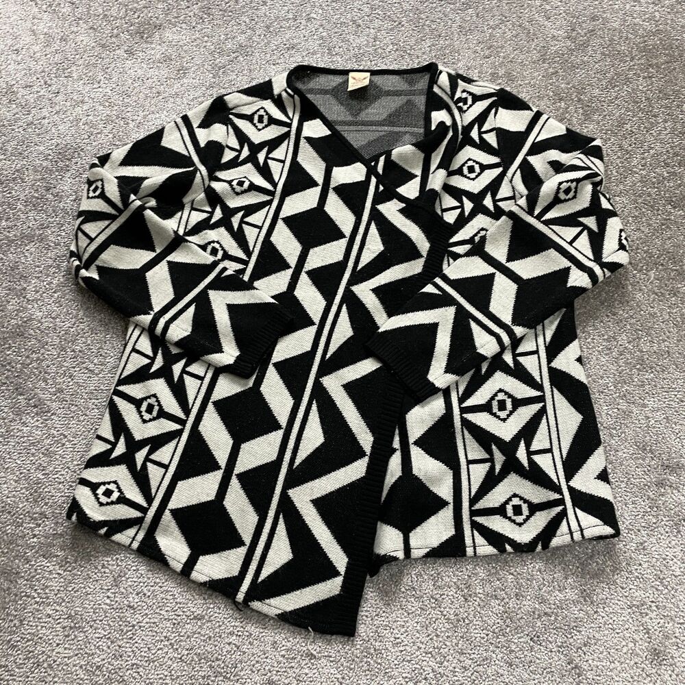 Faded Glory Sweater Long Cardigan Youth Girls Large 12-14 Black White Geometric